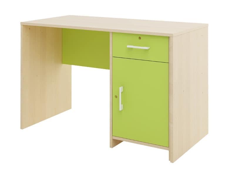 Bureau Prof - bouleau avec porte et tiroir verts