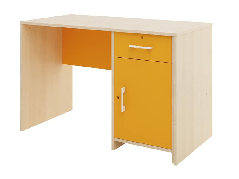 Bureau Prof - bouleau avec portes et tiroir orange